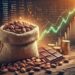 Sack of cocoa beans with chocolate bars and rising market charts in the background, illustrating cocoa price movements