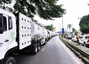 Dangote refinery fuel tanker trucks lined up in Lagos transporting petroleum products for distribution across Nigeria and regional African markets