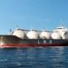LNG carrier vessel with spherical storage tanks sailing on open sea