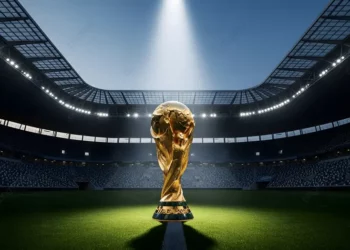 FIFA World Cup trophy on football pitch under stadium lights ahead of 2026 tournament expansion