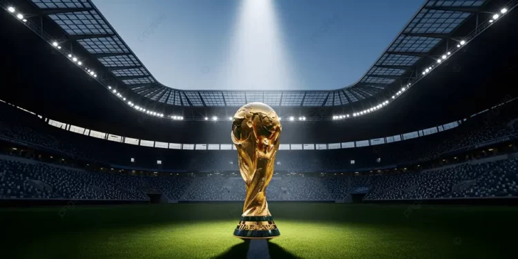 FIFA World Cup trophy on football pitch under stadium lights ahead of 2026 tournament expansion