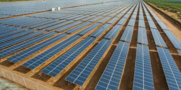 Large-scale solar farm in Africa showing rows of photovoltaic panels, illustrating renewable energy expansion and electrification efforts