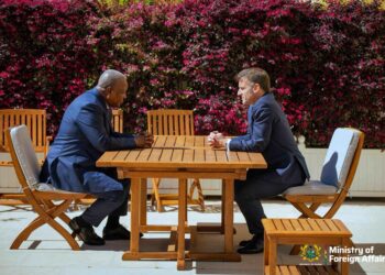 President John Mahama and President Emmanuel Macron in bilateral talks during official visit to France, discussing UN slavery resolution and Ghana–France relations