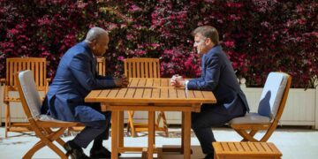President John Mahama and President Emmanuel Macron in bilateral talks during official visit to France, discussing UN slavery resolution and Ghana–France relations