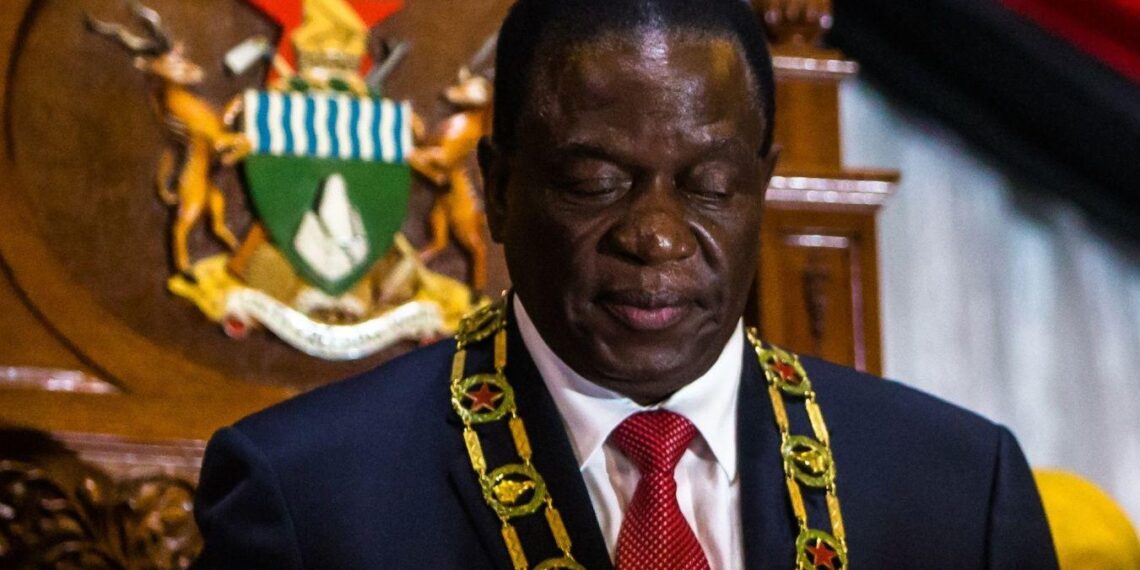 Zimbabwe President Emmerson Mnangagwa addresses parliament in Harare during an official state proceeding