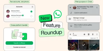 WhatsApp new features showing multi-account use, cross-platform chat transfer and storage management tools