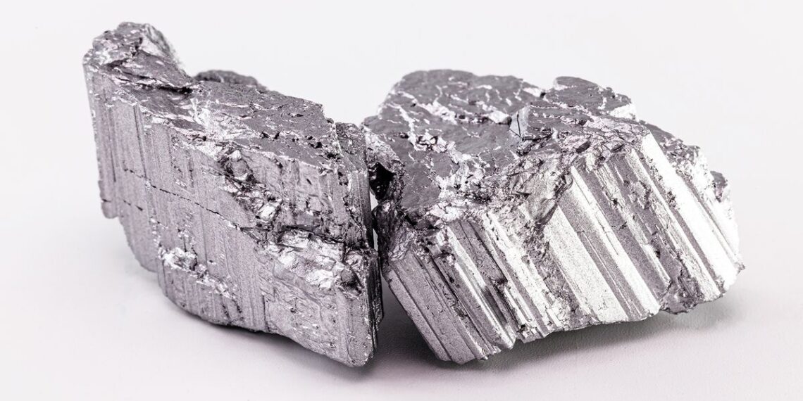 Close-up of rare earth metal sample used in electric vehicles and clean energy technologies