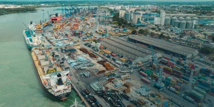 Aerial view of Tanga port in Tanzania showing cargo ships, cranes, and container terminals along the coastline