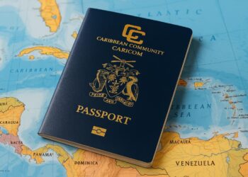 CARICOM biometric passport on Caribbean map representing regional digital identity rollout