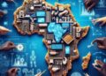 Digital illustration of the African continent designed with AI circuits, data infrastructure and technology icons surrounded by hands representing collaboration and governance