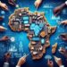Digital illustration of the African continent designed with AI circuits, data infrastructure and technology icons surrounded by hands representing collaboration and governance