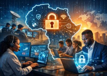 African cybersecurity professionals and digital workers collaborate around secure technology systems beneath a glowing outline of Africa symbolising digital sovereignty, AI and cyber resilience