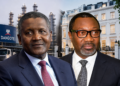 Composite image of Nigerian billionaires Aliko Dangote and Femi Otedola, with an industrial refinery backdrop behind Dangote and a luxury London mansion behind Otedola