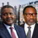 Composite image of Nigerian billionaires Aliko Dangote and Femi Otedola, with an industrial refinery backdrop behind Dangote and a luxury London mansion behind Otedola