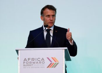 French President Emmanuel Macron speaks during the Africa Forward Summit 2026 in Nairobi alongside African leaders and delegates