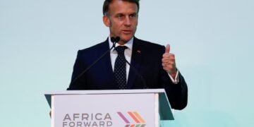 French President Emmanuel Macron speaks during the Africa Forward Summit 2026 in Nairobi alongside African leaders and delegates