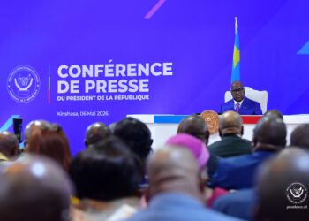 President Felix Tshisekedi speaks during a press conference in Kinshasa, where he said he would accept a third term if backed by Congolese voters. Credit: Reuters