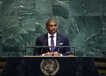 Prime Minister Terrance Drew speaking at the United Nations General Assembly podium in New York