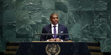 Prime Minister Terrance Drew speaking at the United Nations General Assembly podium in New York