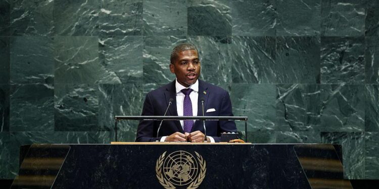 Prime Minister Terrance Drew speaking at the United Nations General Assembly podium in New York