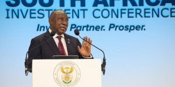 South African President Cyril Ramaphosa speaks at the South Africa Investment Conference amid growing political pressure over corruption allegations within the ANC-led government