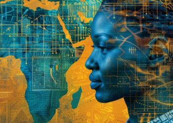 Digital illustration of a young African woman overlaid with AI circuitry and data patterns beside a map of Africa, symbolising African AI sovereignty and digital innovation