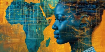 Digital illustration of a young African woman overlaid with AI circuitry and data patterns beside a map of Africa, symbolising African AI sovereignty and digital innovation