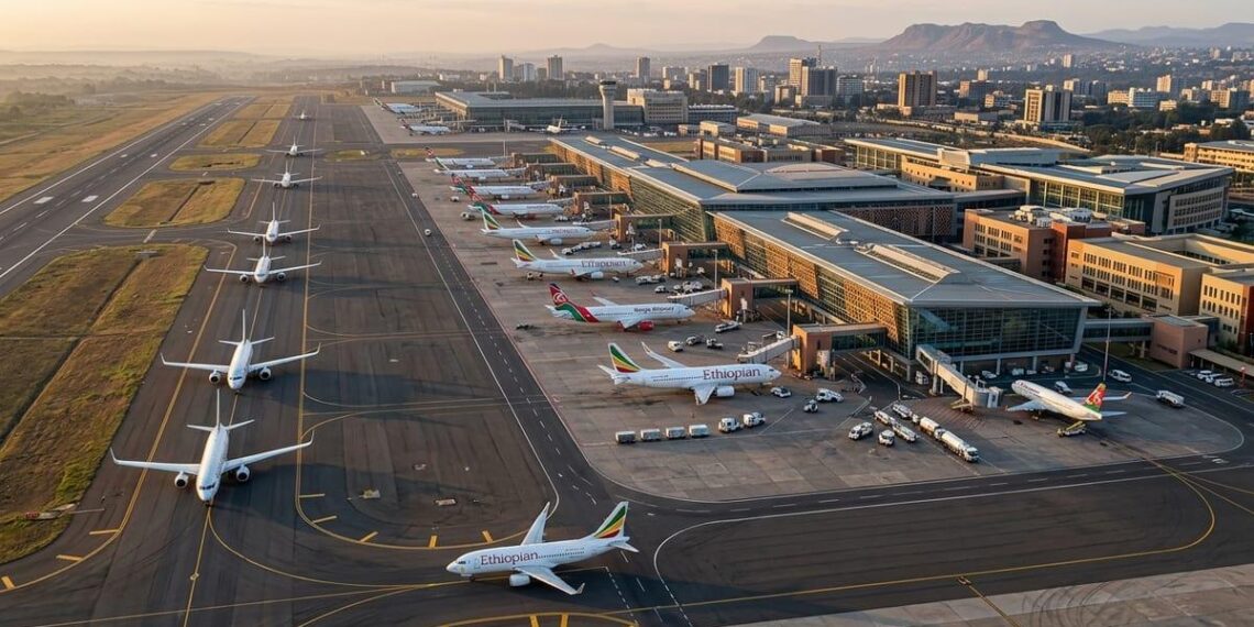 Ethiopian Airlines aircraft parked at a major African aviation hub as governments push for open skies reforms and expanded regional connectivity
