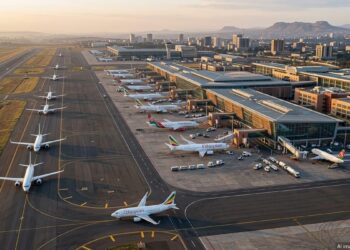 Ethiopian Airlines aircraft parked at a major African aviation hub as governments push for open skies reforms and expanded regional connectivity
