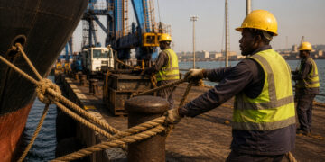 Dock workers secure a cargo vessel at an African port as cranes and maritime infrastructure operate in the background, illustrating regional trade and logistics activity under the AfCFTA