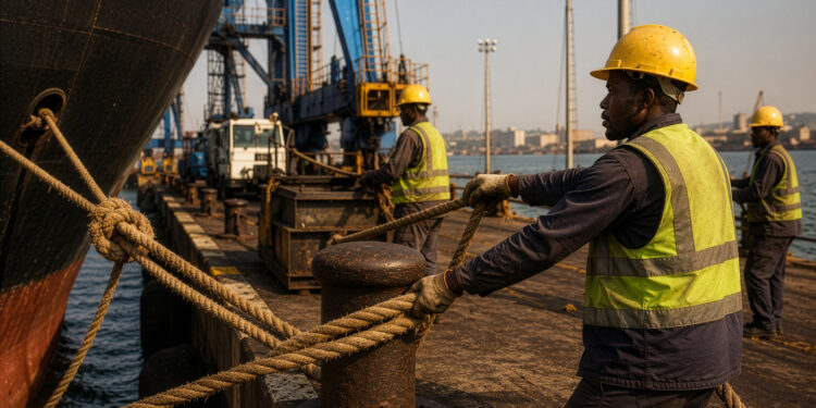 Dock workers secure a cargo vessel at an African port as cranes and maritime infrastructure operate in the background, illustrating regional trade and logistics activity under the AfCFTA