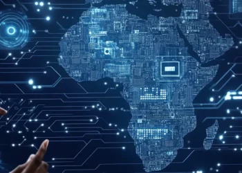 Illustration of Africa’s map rendered as a digital circuit board, symbolising artificial intelligence, digital infrastructure and technological transformation across the continent