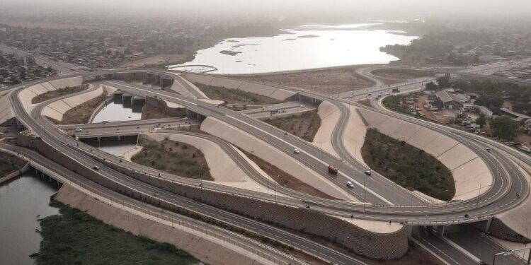 Aerial view of highway and transport infrastructure in Burkina Faso linked to the country’s new diaspora bond-funded development projects
