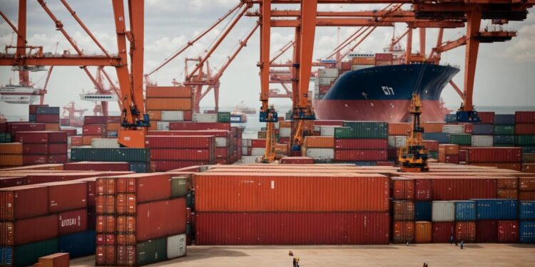 Large container port with stacked shipping containers and cranes loading cargo onto a vessel, illustrating global trade flows between Africa and China
