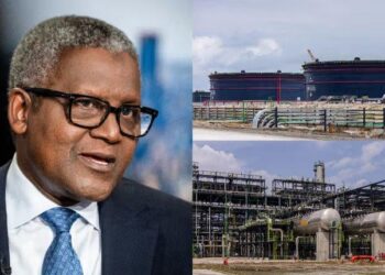 Portrait of Nigerian billionaire Aliko Dangote alongside storage tanks and processing infrastructure at the Dangote refinery near Lagos, Nigeria