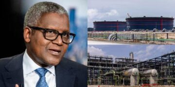 Portrait of Nigerian billionaire Aliko Dangote alongside storage tanks and processing infrastructure at the Dangote refinery near Lagos, Nigeria