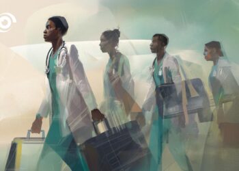 Illustration of African doctors in medical scrubs carrying luggage while walking through an airport-like setting, symbolising migration of healthcare workers abroad