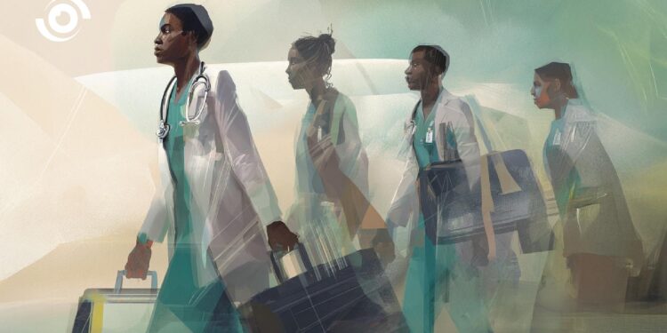 Illustration of African doctors in medical scrubs carrying luggage while walking through an airport-like setting, symbolising migration of healthcare workers abroad