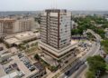 Aerial photograph of Cedi House, headquarters of the Ghana Stock Exchange in Accra, during Ghana’s 2026 stock market rally