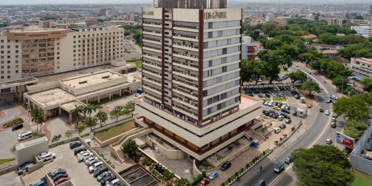 Aerial photograph of Cedi House, headquarters of the Ghana Stock Exchange in Accra, during Ghana’s 2026 stock market rally