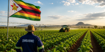 Zimbabwean commercial farmland with irrigation systems, crops and national flag representing agricultural reforms and land restitution efforts
