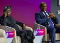 Nigerian President Bola Ahmed Tinubu and Gabonese President Brice Oligui Nguema participate in a panel discussion during the Africa CEO Forum in Kigali, Rwanda