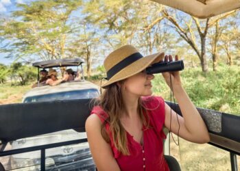 A solo traveller on a luxury safari game drive in East Africa observing wildlife in an open vehicle