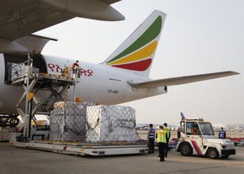 Ethiopian Airlines Cargo Boeing 777 freighter loading cargo at Addis Ababa Bole International Airport