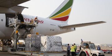 Ethiopian Airlines Cargo Boeing 777 freighter loading cargo at Addis Ababa Bole International Airport