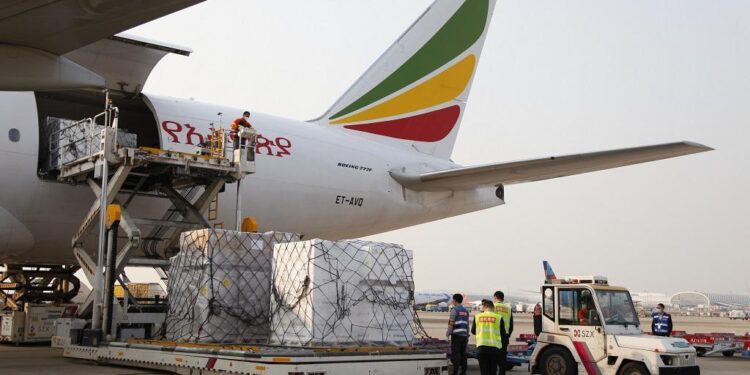 Ethiopian Airlines Cargo Boeing 777 freighter loading cargo at Addis Ababa Bole International Airport