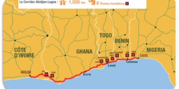 Map showing the planned 1,081-kilometre Abidjan-Lagos Highway linking Cote d'Ivoire, Ghana, Togo, Benin and Nigeria