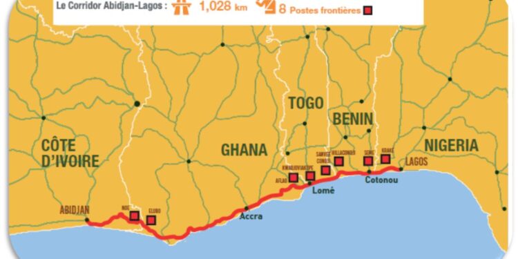 Map showing the planned 1,081-kilometre Abidjan-Lagos Highway linking Cote d'Ivoire, Ghana, Togo, Benin and Nigeria