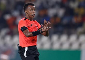 Somali referee Omar Abdulkadir Artan during an international football match after being appointed to officiate the UEFA Super Cup