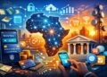 Illustration of Africa's digital financial ecosystem showing secure payments, data networks and fintech connectivity